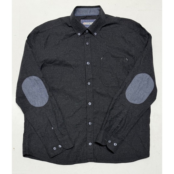 32 Bar Blues Mens L Gray Long Sleeve Button Down Flannel Shirt Elbow Patch - Picture 1 of 5